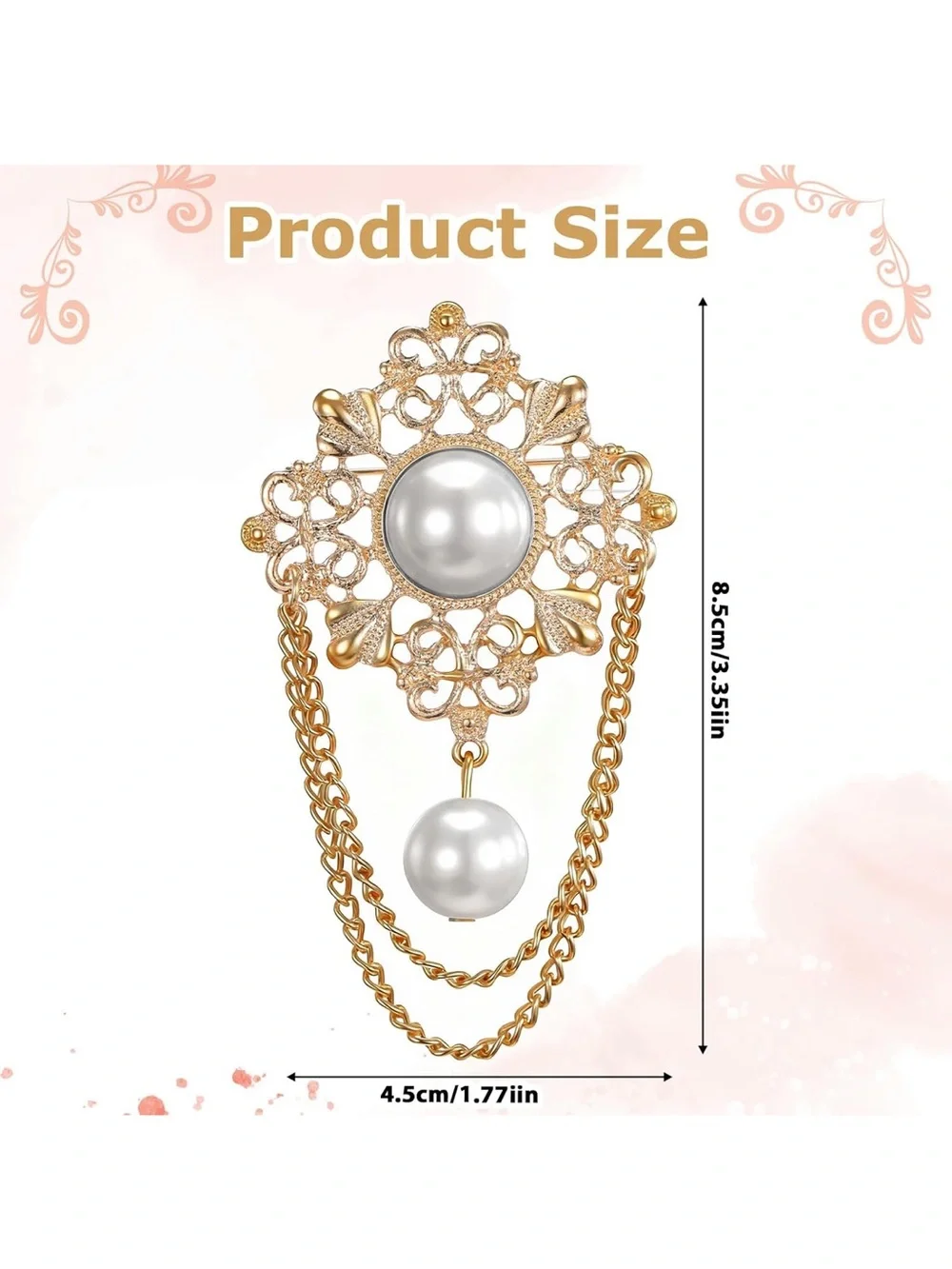 New Gold Filigree Brooch with White Pearl Drops